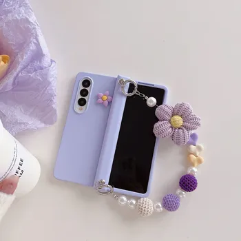 Egyszerű Virág Karkötő, Lánc Telefon tok Samsung Galaxy Z Hajtás 3 4 Fedél Csuklópánt