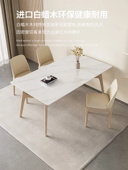 Krém stílusú tömör fa lappal étkező asztal, téglalap alakú, háztartási kis modern, egyszerű Skandináv fényes asztal, szék kombináció