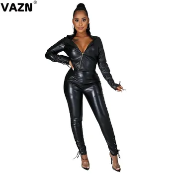 VAZN 2020 Divat Mujer Moto Szél, V-nyakú Pu Szexi Ruhák, Futás, Sport Ruha Nők Teljes Ujja Hosszú Nadrág Ünnepi Szett
