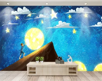 Saját háttérképet HD kék csillagos ég kis fiú tolja a hold a gyerekek szobája TV háttér fal dekorációs festmény falfestmény behang