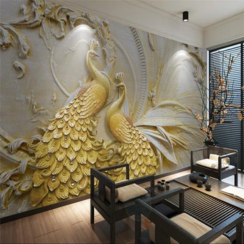 beibehang 3D háromdimenziós megkönnyebbülés arany páva háttér falon festmény, egyéni nagy falfestmény, zöld háttérkép cucc de parede