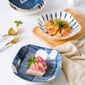 Japán stílusú lemezek, étel, tányér, kerámia leveses tányér, ruyi tányér, kerek tányért, mázalatti színe mély tányér