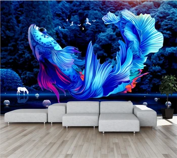 wellyu Szabott nagy falfestmény Kínai stílusú modern 3d sztereó absztrakt kék guppi háttér nappali háttérkép