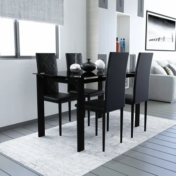 Modern, Edzett Üveg, Fekete, Étkező Asztal Szék Beállítása Egyszerű, Téglalap alakú, Nappali, Konyha Asztal W/4 High-End Étkező Szék, [US-W]