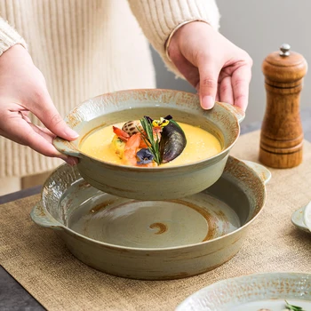 Japán stílusú retro tányér hotel étterem duplán kezelt tészta lemez üzleti étkezési levest mély tálba kerámia edények