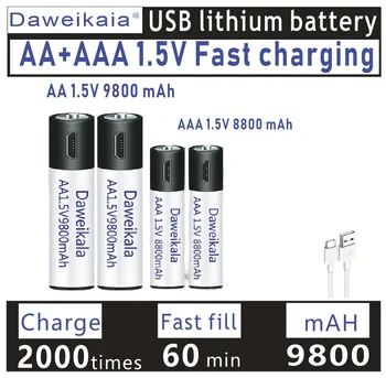 1,5 V-os AA + AAA USB Újratölthető Akkumulátor AA 9800mAh/AAA 8800mAh Li-ion Akkumulátorok Játékok Óra, MP3-Lejátszó Hőmérő+ Kábel