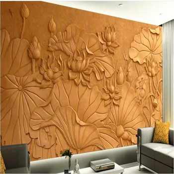 wellyu Egyéni nagy freskó fafaragás Kínai klasszikus lotus freskó TV hátteret design tapéta cucc de parede