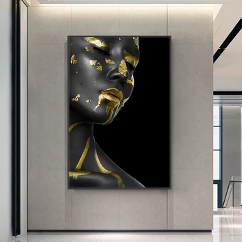 Fekete-Arany Nő, olajfestmény, Vászon Afrikai Művészetet Cuadros Poszterek, Nyomatok, Skandináv Wall Art Kép, Nappali